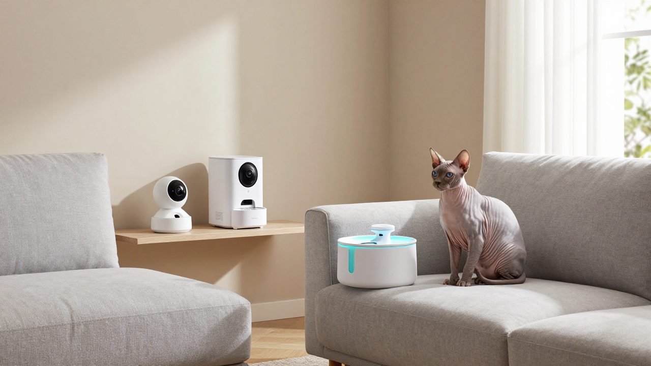 Chat Sphinx installé sur un canapé dans un salon moderne entouré d'une caméra connectée, d'un distributeur de croquettes et d'une fontaine à eau lumineuse