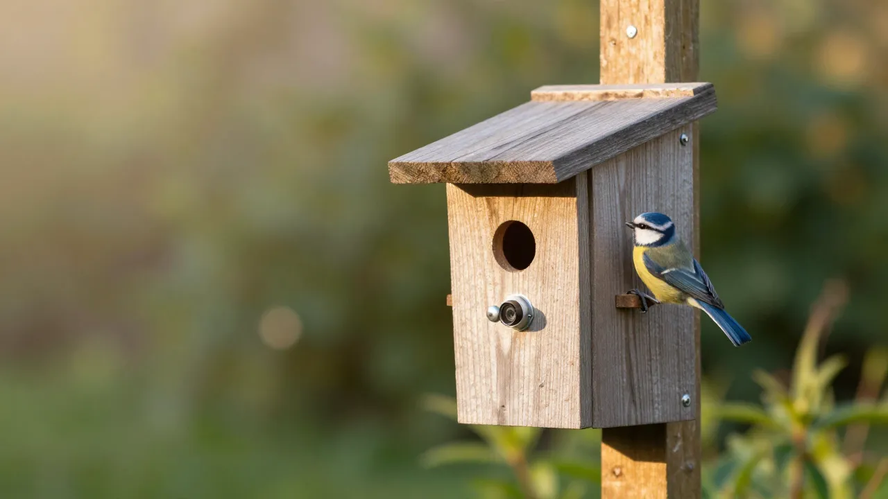Nichoir connecté en bois fixé sur un poteau de jardin avec une caméra intégrée près du trou d'envol, une mésange bleue posée sur la perchère