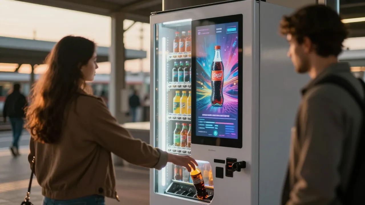 Distributeur automatique connecté avec écran tactile diffusant une publicité et proposant une boisson gratuite