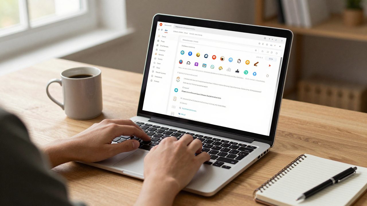 Ordinateur portable affichant Firefox avec des extensions de productivité dans un bureau moderne