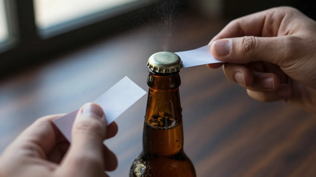 Mains utilisant une bande de papier A4 pliée comme levier pour faire sauter la capsule couronne d