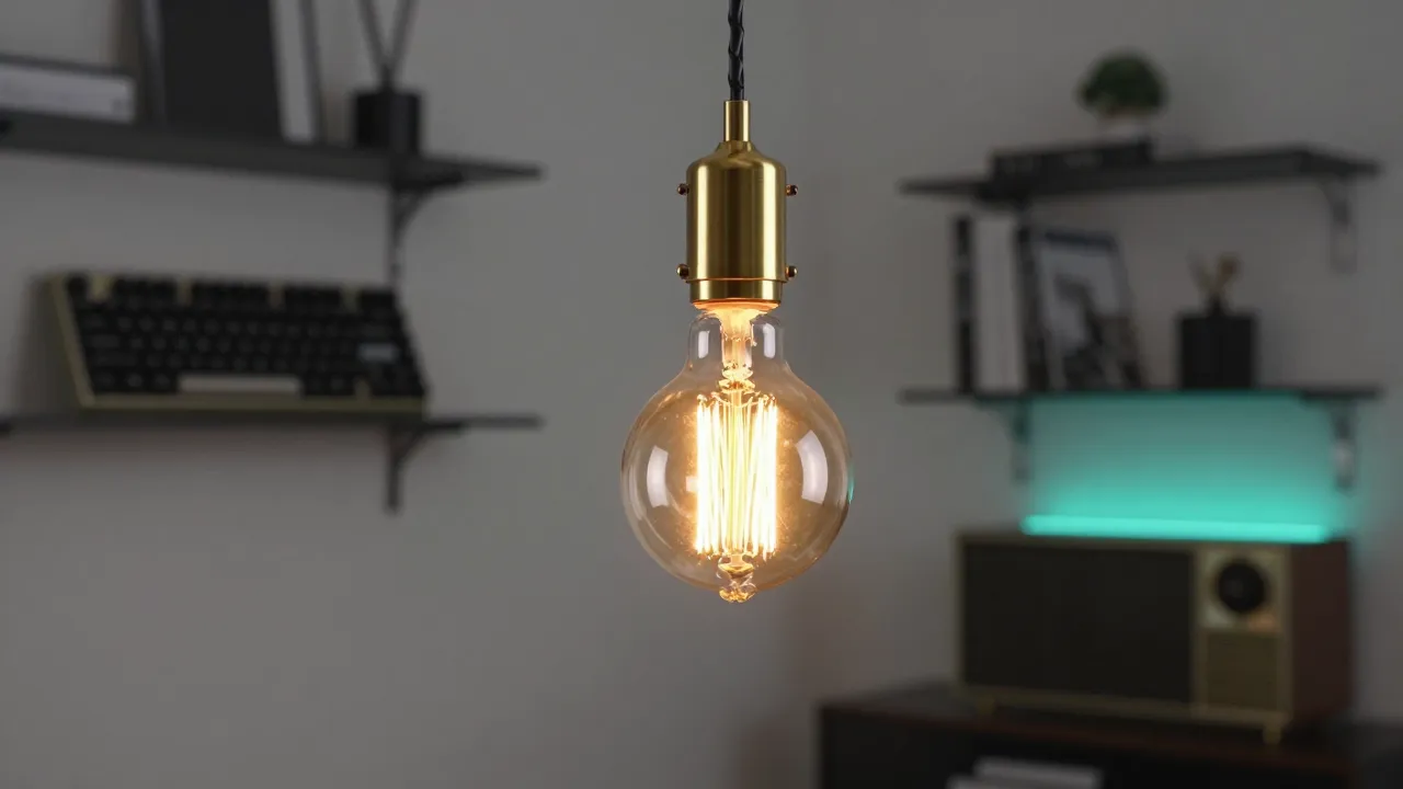 Lampe ampoule design avec bulbe LED apparent en laiton dans un salon geek moderne.