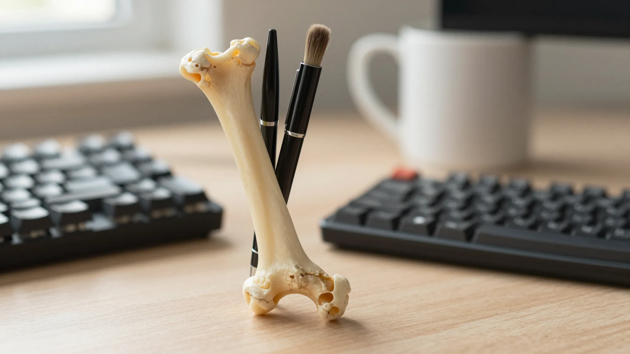 Porte-stylo fémur humain grandeur nature posé sur un bureau en bois entre un clavier mécanique et une tasse à café