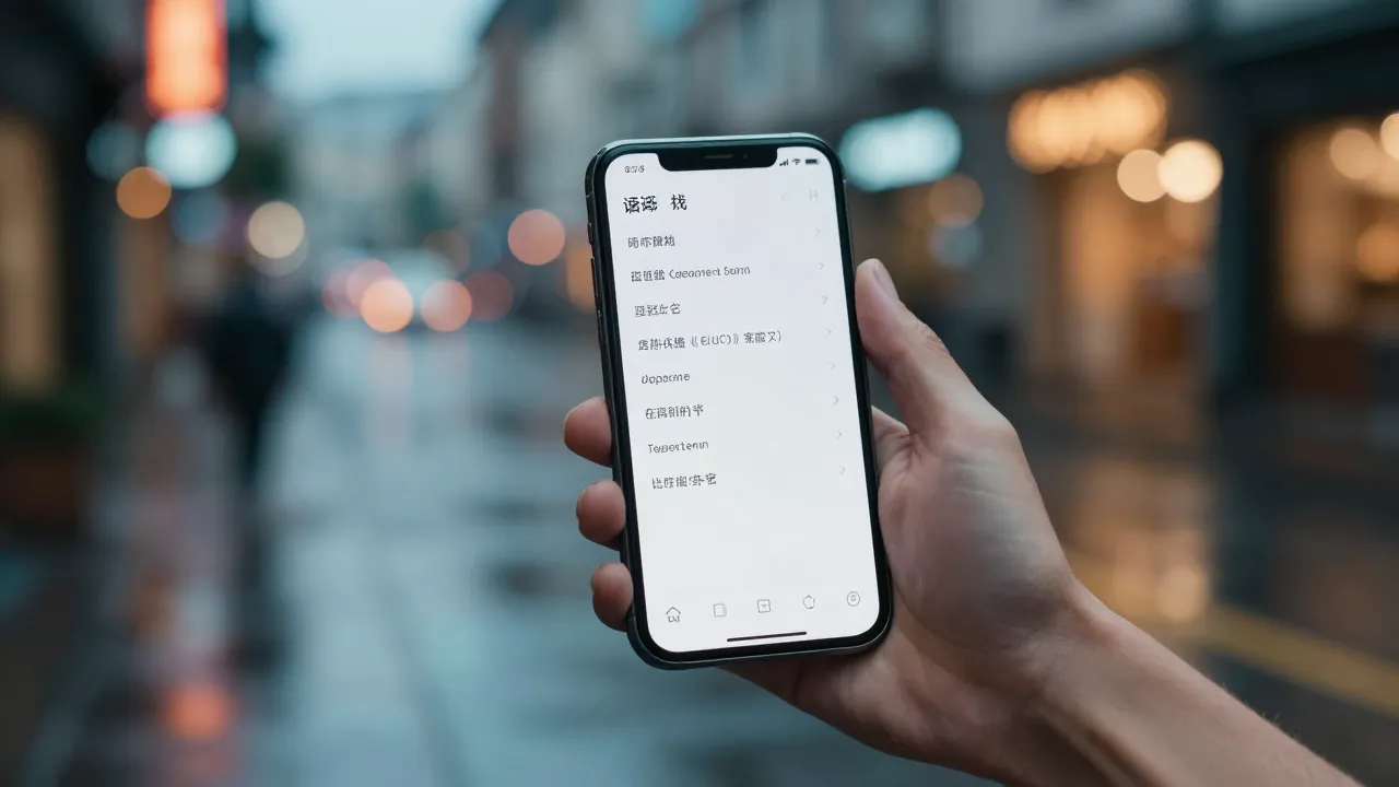 Smartphone affichant une traduction automatique absurde devant une rue urbaine détrempée