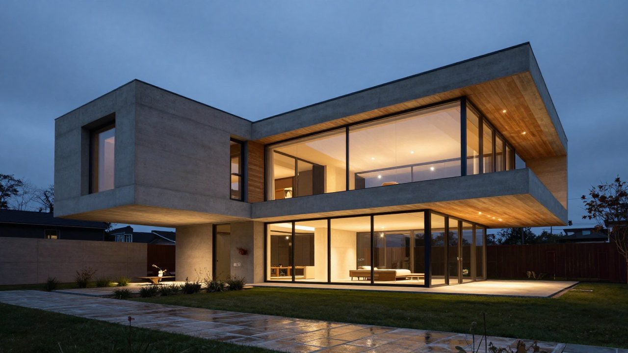 Maison design innovante aux volumes anguleux en béton et bois, éclairée de l'intérieur au crépuscule, sans technologie apparente